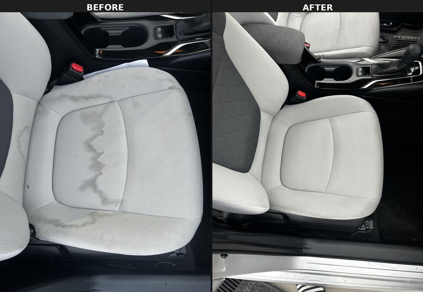 Toyota Corolla light grey cloth seat stained before, clean and even after