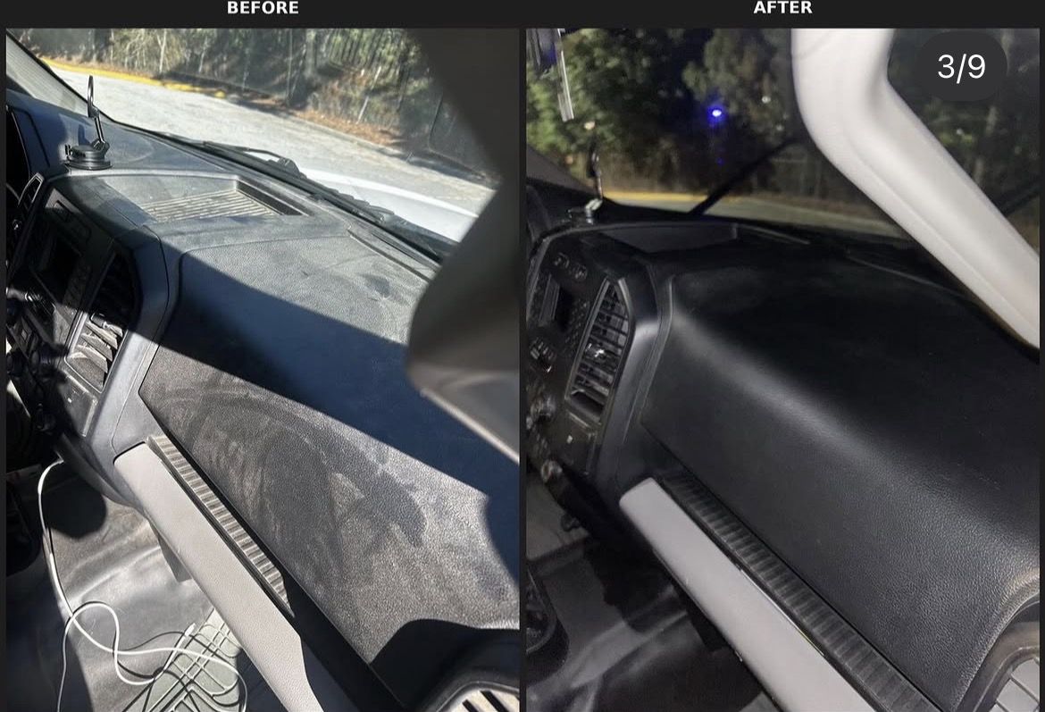 Dusty faded truck dashboard before, deep black and conditioned after