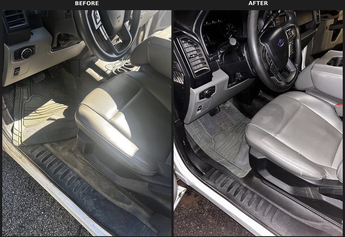 Ford F-150 driver footwell and door sill with brown dirt before, black and clean after