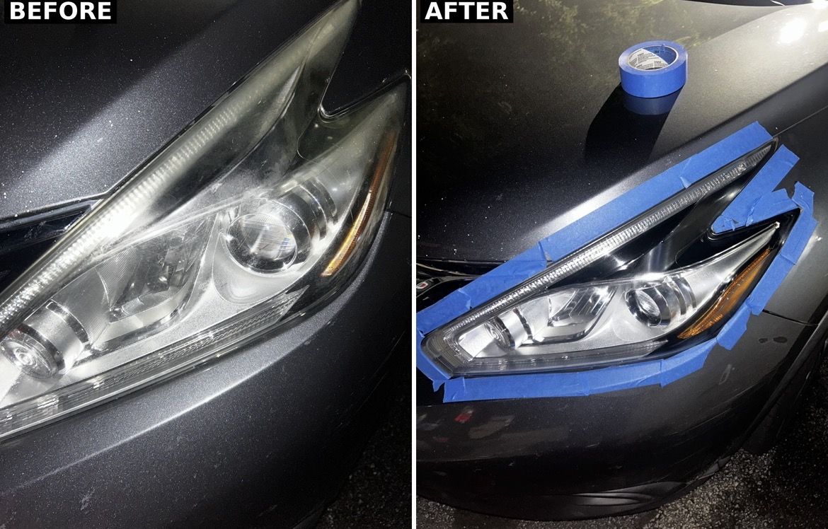 Hazed yellowed headlight housing before, clear and sharp after restoration