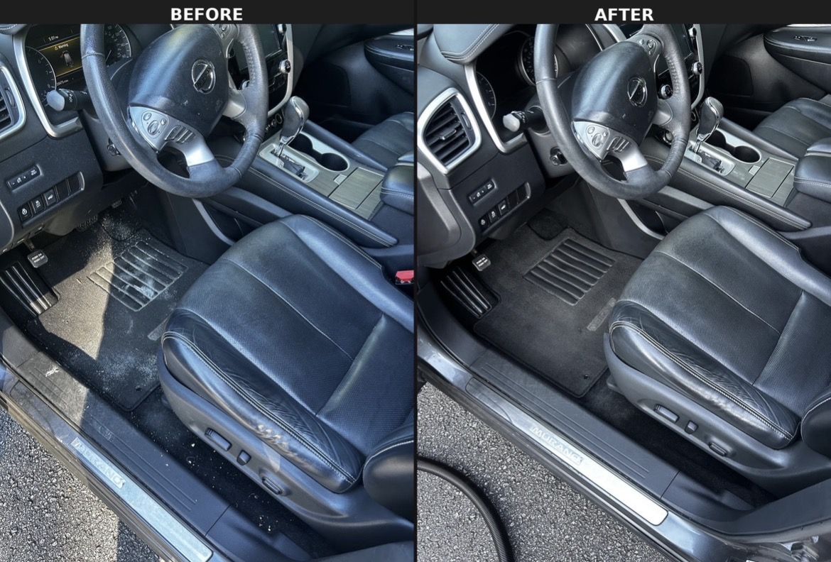 Nissan Murano driver footwell full of debris before, clean carpet and leather after