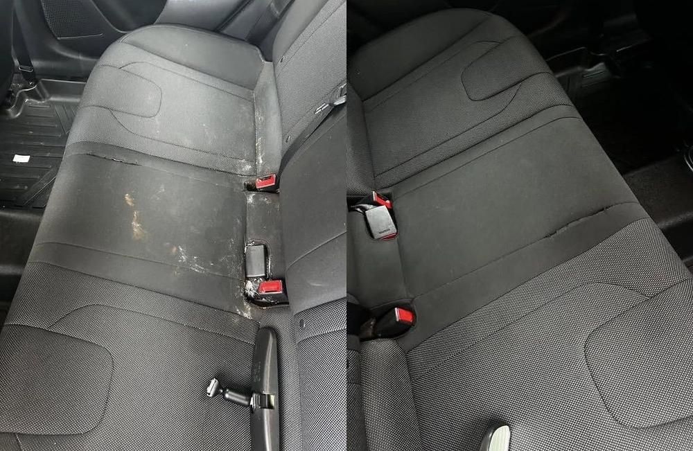 Black cloth rear bench with dried spills before, clean uniform fabric after