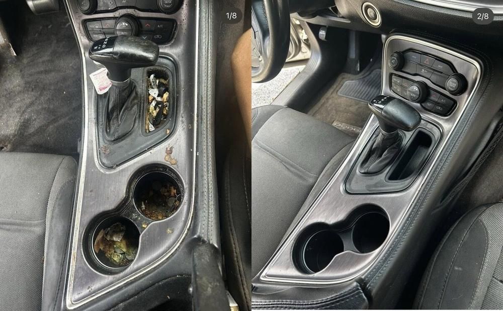Dodge Challenger centre console packed with debris before, bare clean plastic after