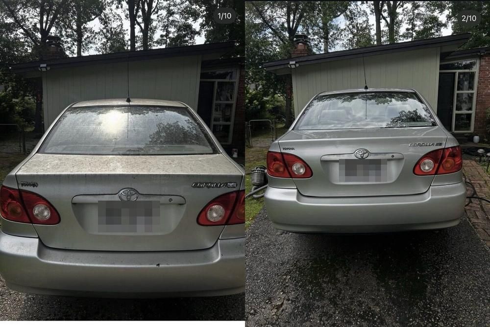 Rear of a silver Toyota Corolla under heavy dirt before, clean and even after
