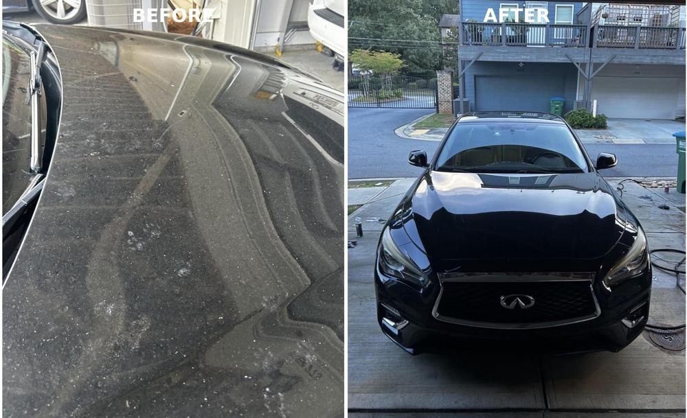 Hood of a black Infiniti Q50 covered in pollen before, mirror gloss after