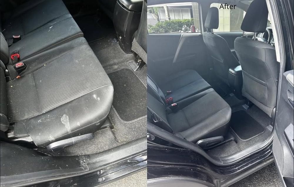 Toyota RAV4 rear bench covered in crumbs before, clean seats and carpet after