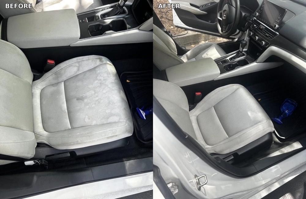 Light grey cloth driver seat heavily stained before, uniform clean grey after