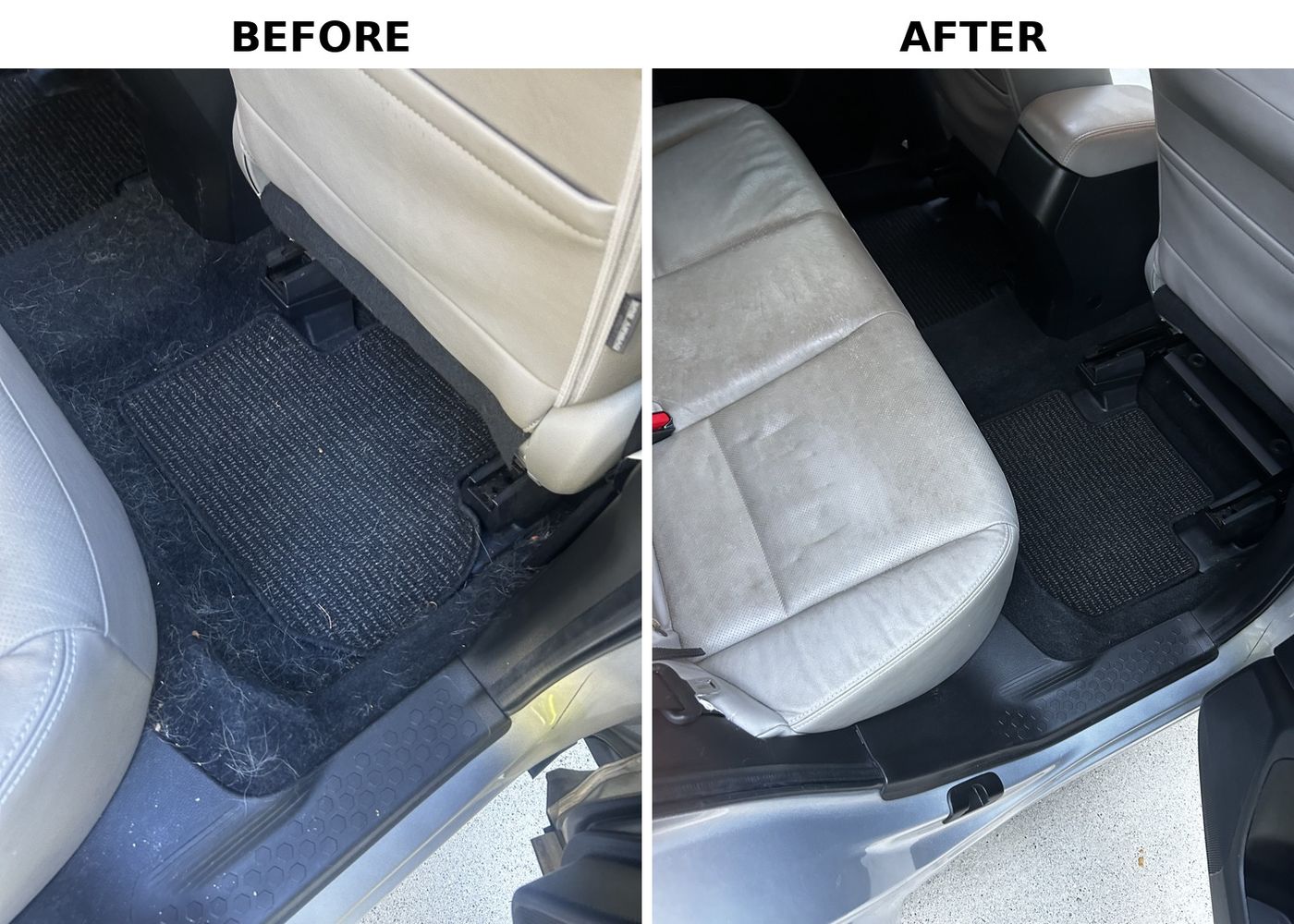 Rear passenger footwell with the mat and carpet buried in pet hair before, clean black carpet and grey leather seat after