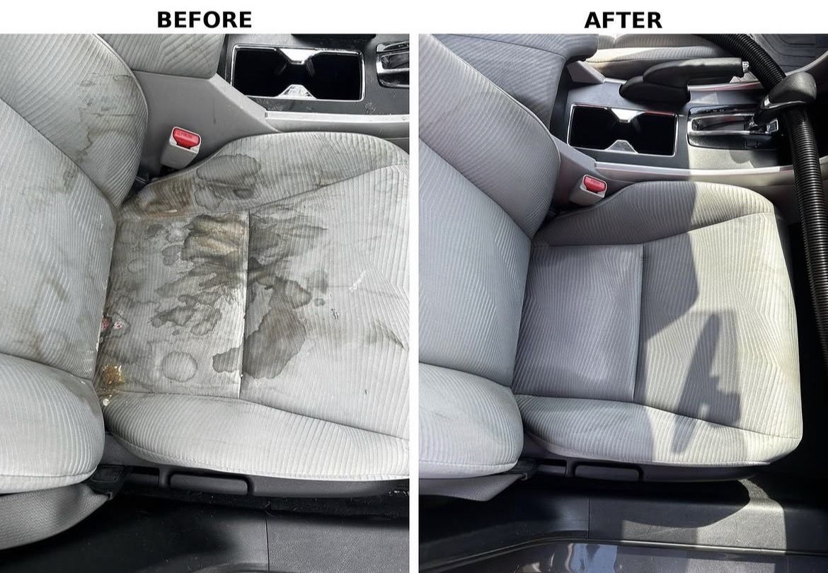 Light grey cloth passenger seat with heavy dark staining before, clean after