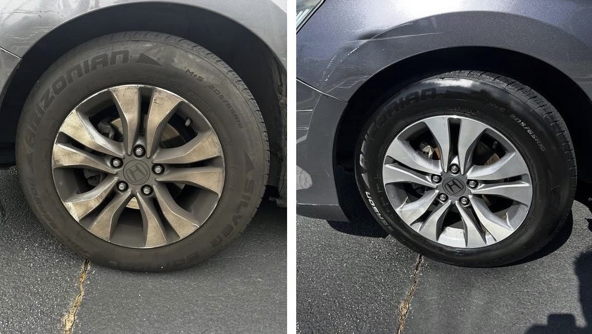Honda alloy wheel caked in brake dust before, bright clean face and dressed tire after