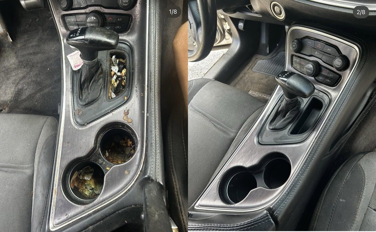 Center console of a Dodge Challenger with food debris packed into the cupholders before, bare clean plastic after