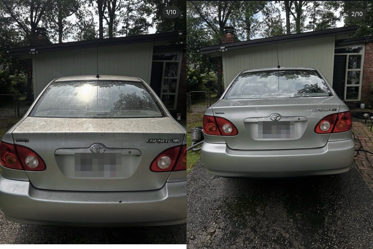 Rear of a silver Toyota Corolla under heavy dirt and water spotting before, clean and even after