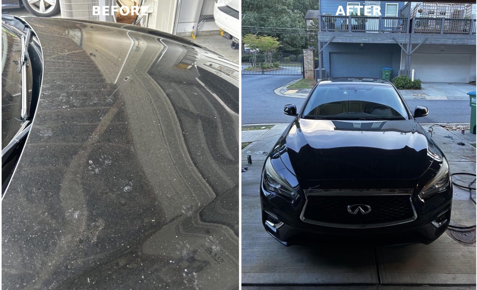 Hood of a black Infiniti Q50 covered in pollen and grime before, mirror-gloss black after