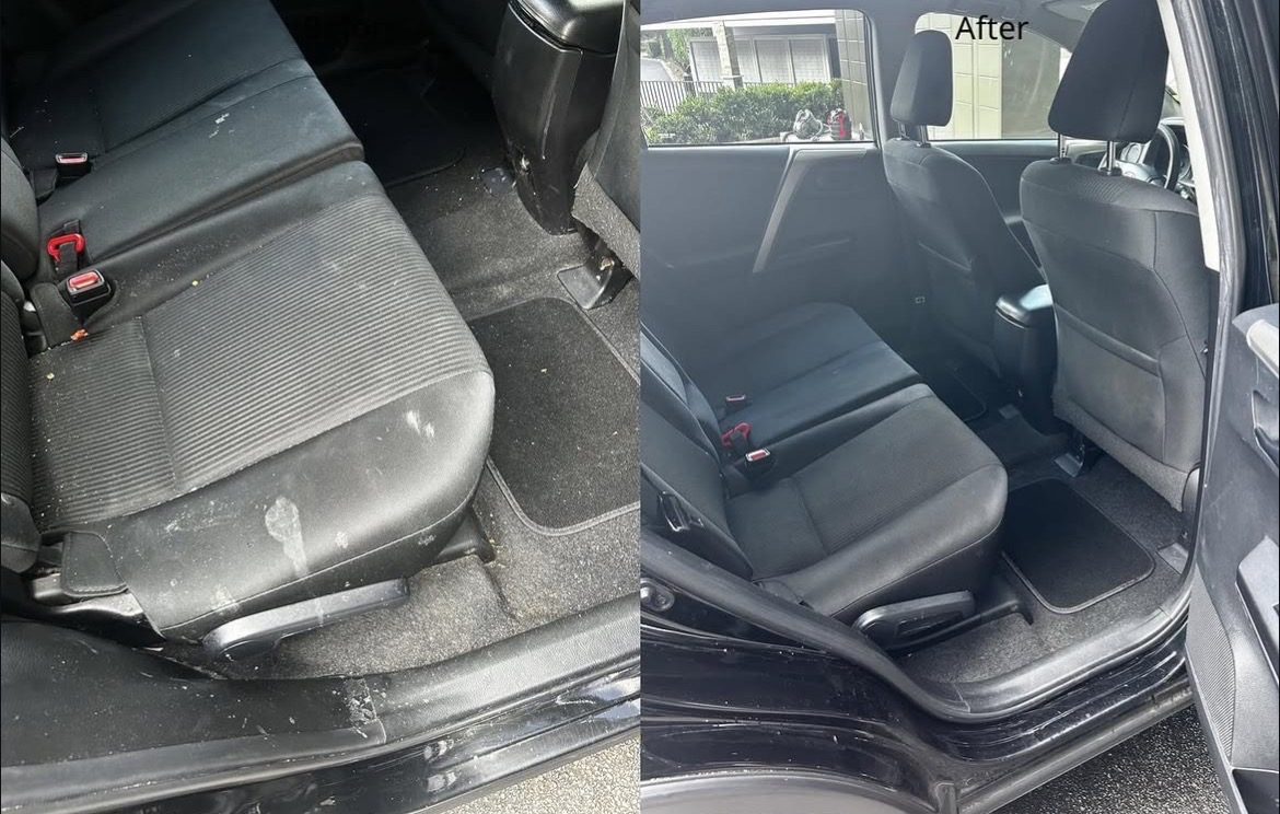 Rear bench and floor of a Toyota RAV4 covered in crumbs and debris before, clean seats and carpet after