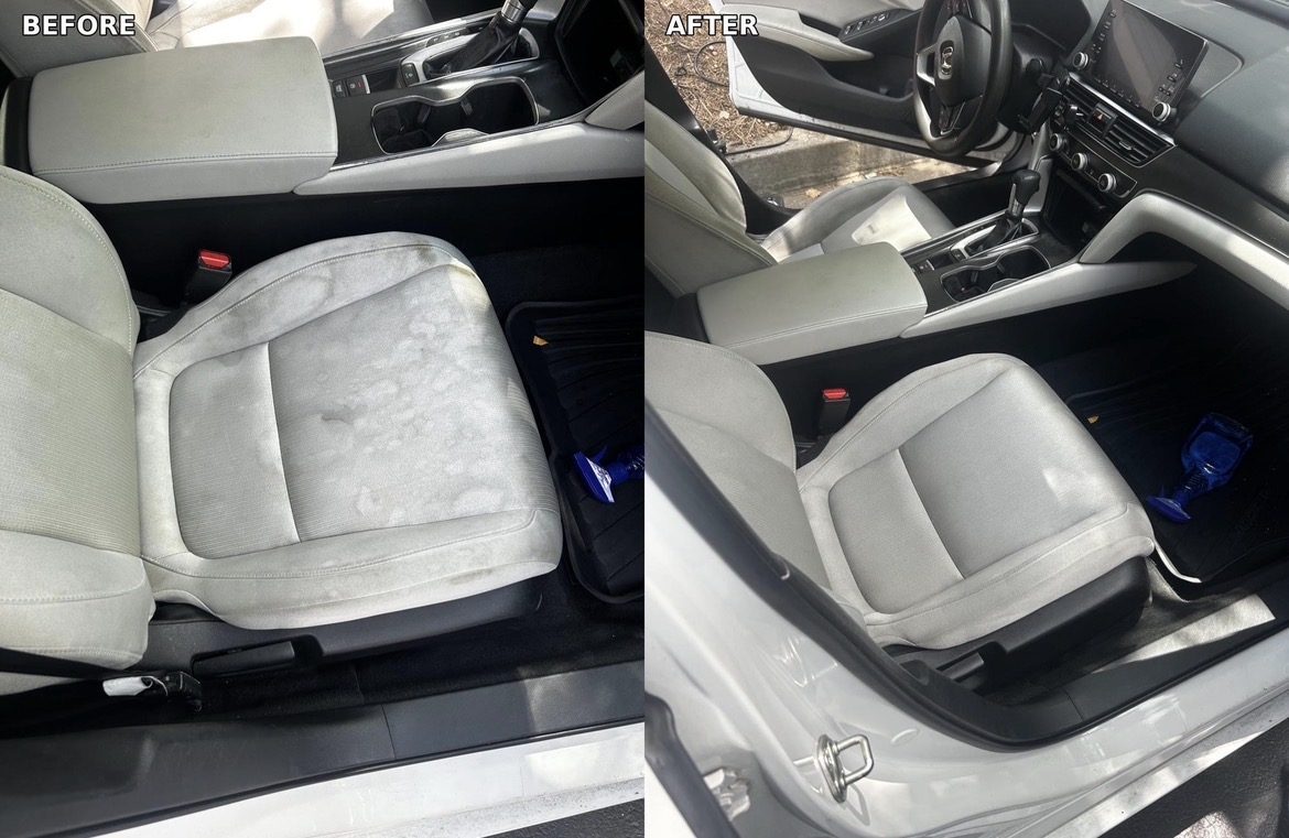 Light grey cloth driver seat of a Honda Accord with dark staining before, uniform clean grey after
