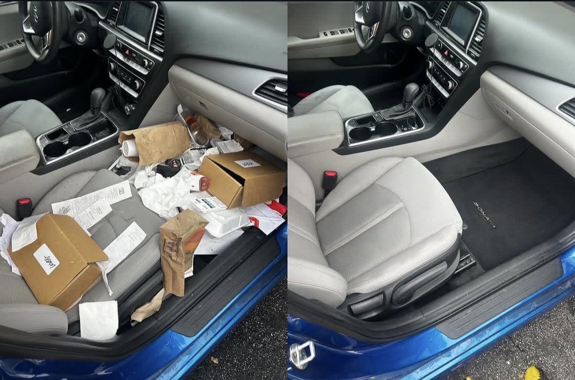 Front passenger seat and floor of a blue Hyundai Sonata buried in takeout boxes and paper before, completely clear and vacuumed after