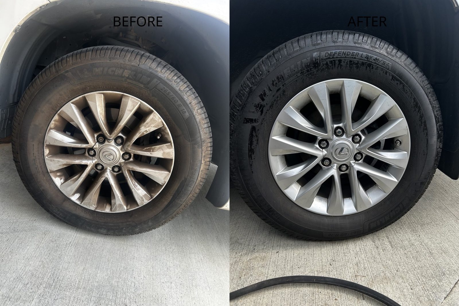 Lexus alloy wheel coated in brake dust with a grey tire before, bright silver face and black tire after